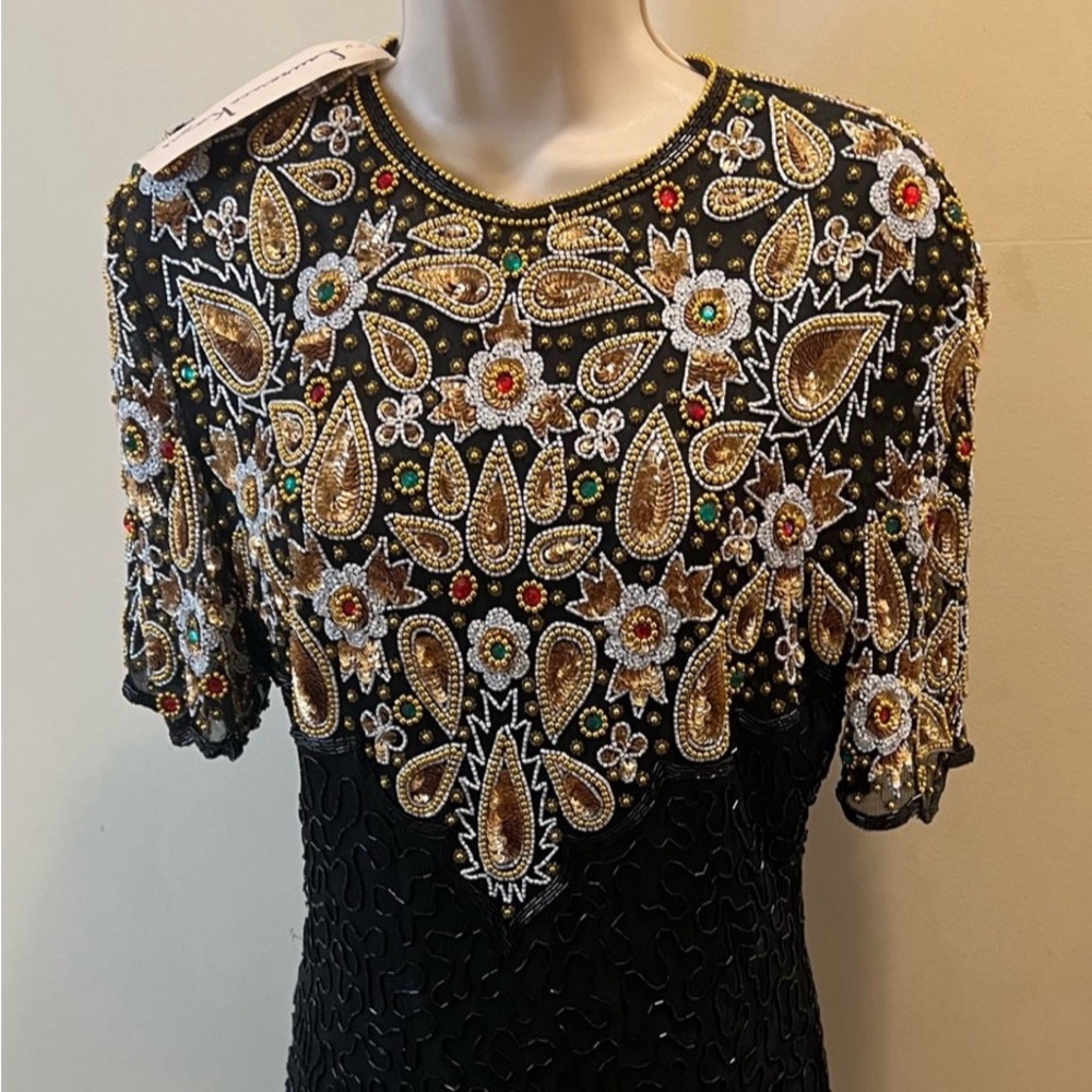 LAURENCE KAZAR Vtg Silk Black Multi Beaded Lined Evening Dress Formal M D-67
